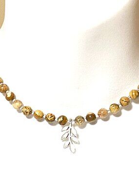 Earthy Picture Jasper Short Necklace, Gemstone & Silver Leaf Branch Pendant